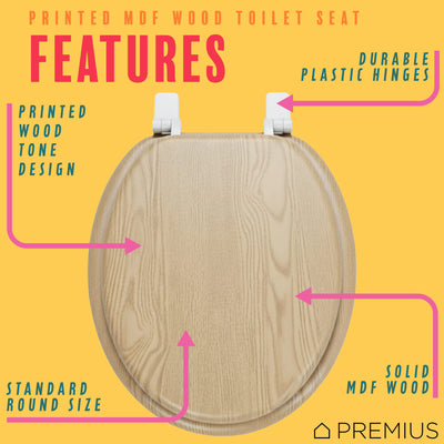 2 of 7:PREMIUS Printed MDF Wood Round Toilet Seat with Plastic Hinges, Oak Wood, Standard 17 Inches 