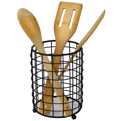 3 of 3:Home Basics Grid Cutlery Holder With Mesh Bottom, Black, 4.9x4.9x6.4 Inches. 