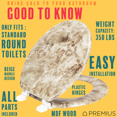 7 of 7:PREMIUS Wood Toilet Seat, Beige Marble, Standard Round, 17 Inches 