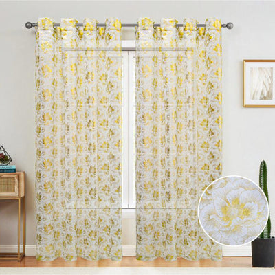 1 of 6:Atlanta Metallic Foil Floral Sheer Grommet Window Curtain Panel, 54x84 Inches 