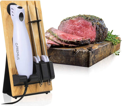 1 of 9:PREMIUS Serrated Carving Electric Knife Set With Wooden Storage Tray, with 2 Stainless Steel Blades 