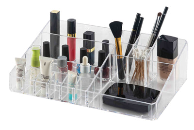 1 of 3:Home Basics Make-Up Tray With Lip Stick Holder, 20 Compartments, Clear, 12.75x3.5x8 Inches 