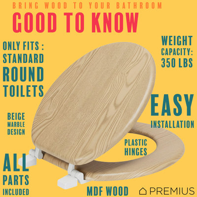 7 of 7:PREMIUS Printed MDF Wood Round Toilet Seat with Plastic Hinges, Oak Wood, Standard 17 Inches 
