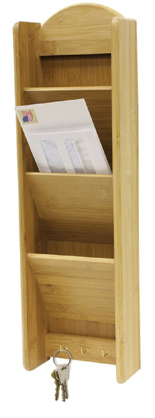 Home Basics 3-Tier Bamboo Mail Rack With Key Hooks, Brown, 20x6x3 Inch ...