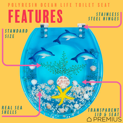 2 of 7:PREMIUS Polyresin Ocean Life Dolphins Toilet Seat, Clear-Blue, Standard Round, 17 Inches 