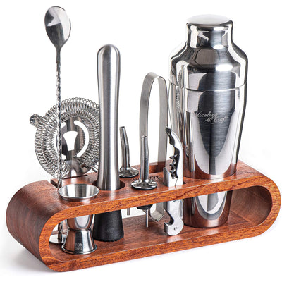 1 of 4:Mixology & Craft Bartender Kit: 10-Piece Bar Tool Set with Mahogany Stand, Silver 