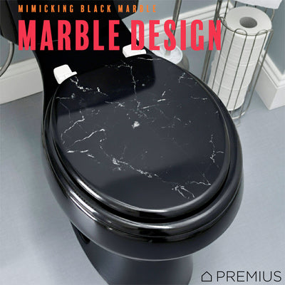 3 of 7:PREMIUS Printed MDF Wood Round Toilet Seat with Plastic Hinges, Black Marble, Standard 17 Inches 