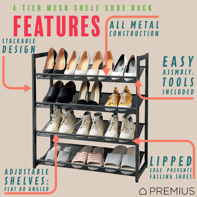 2 of 7:PREMIUS 4 Layer Mesh Shelf Shoe Rack, Black, 29.9x29.1x12 Inches 