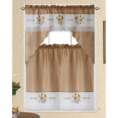 1 of 1:Sunflower 3 Piece Embroidered Kitchen Curtain Set, Taupe, Swag 58x36, Tiers 30x36 Inches 