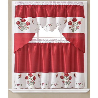 1 of 1:Emily 3 Piece Embroidered Kitchen Curtain Set, Burgundy, Swag 60x36, Tiers 30x36 Inches 