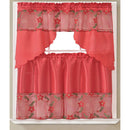 1 of 1:Noella Poinsettia Floral Kitchen Curtain Set with Fringes, Red, Swag Valance 60x36, Tiers 30x36 Inches 