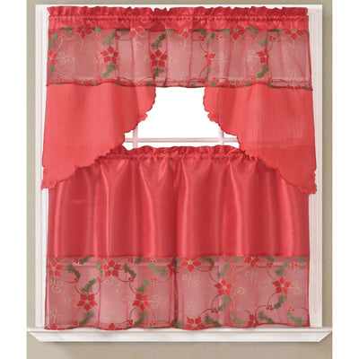 1 of 1:Noella Poinsettia Floral Kitchen Curtain Set with Fringes, Red, Swag Valance 60x36, Tiers 30x36 Inches 