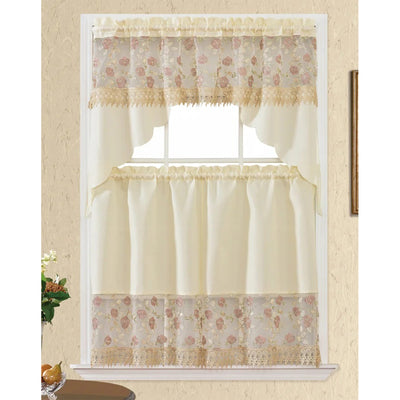 1 of 1:Pink Rose 3 Piece Embroidered Kitchen Curtain Set, Beige, Swag 58x36, Tiers 30x36 Inches 