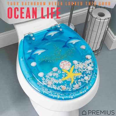 3 of 7:PREMIUS Polyresin Ocean Life Dolphins Toilet Seat, Clear-Blue, Standard Round, 17 Inches 