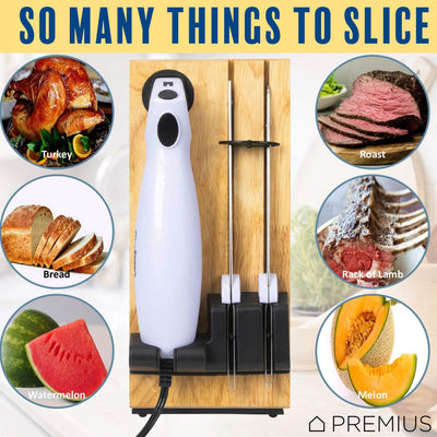 3 of 9:PREMIUS Serrated Carving Electric Knife Set With Wooden Storage Tray, with 2 Stainless Steel Blades 