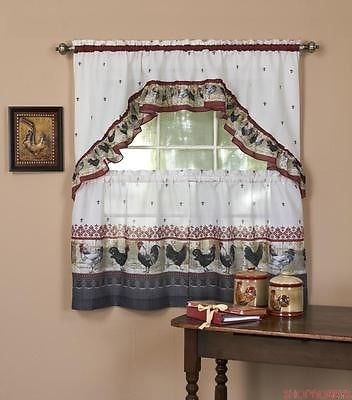 Rooster Printed Kitchen Curtain Tiers & Swag Set, 57x36 & 57x30 Inches
