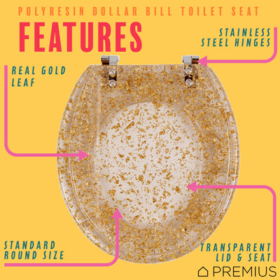 2 of 7:PREMIUS Polyresin Gold Leaf Toilet Seat, Clear, Standard Round, 17 Inches 