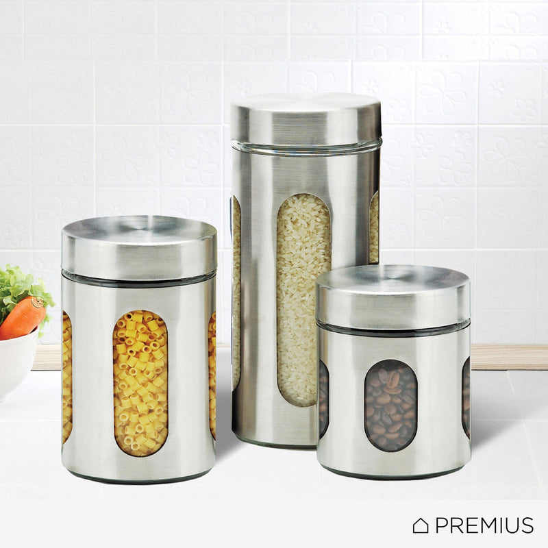 Premius Airtight 3-Piece Kitchen Glass Canister Set, Stainless Steel Silver