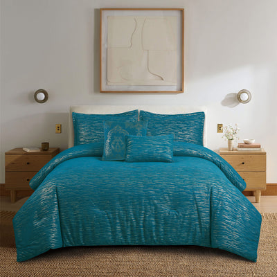 2 of 2:Laure 5-Piece Chenille Corduroy Texture Comforter Set, Blue 