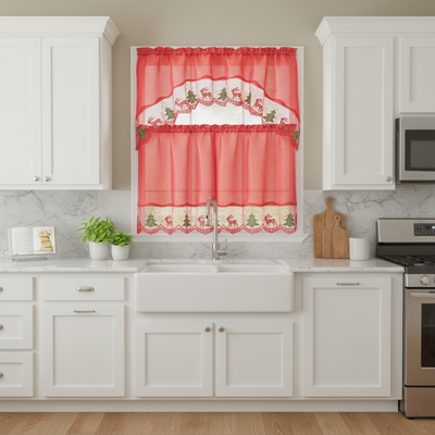 2 of 2:Ensemble de rideaux de cuisine Jovie à motif sapin de Noël avec franges, rouge, cantonnière 60 x 36 pouces, niveaux 30 x 36 pouces 