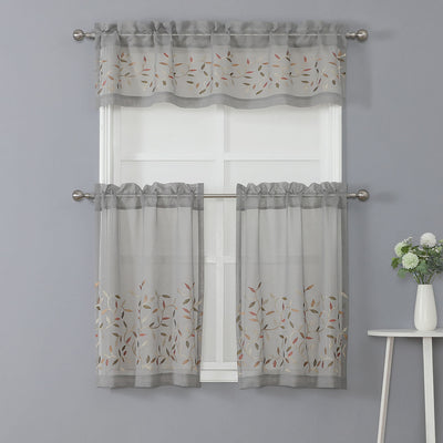 7 of 7:Lucas 3 Piece Leaf Embroidered Kitchen Curtain Set, 56x36 Inches 
