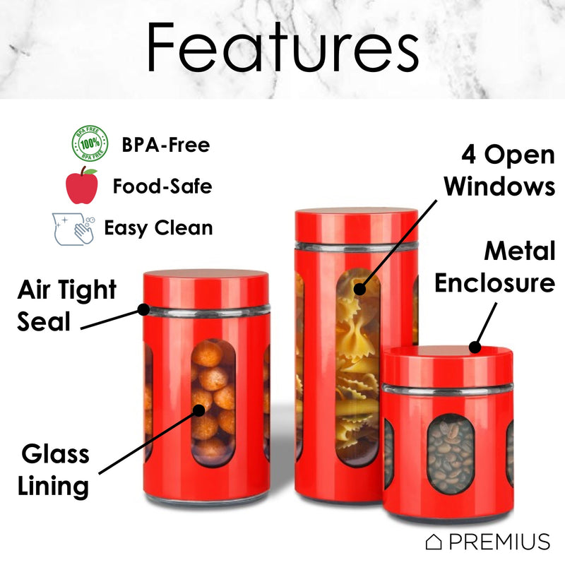 Premius Airtight 3-Piece Kitchen Glass Canister Set, Red