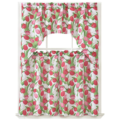 1 of 1:Hinata Tulip Kitchen Curtain Set, Red, Swag Valance 60x36, Tier 30x36 Inches 