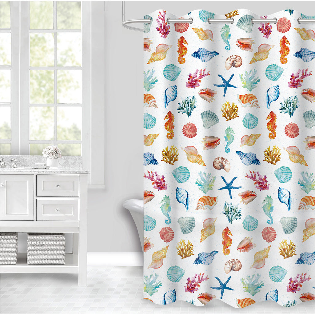 PREMIUS PEVA Grommet Shower Curtain, Coral and Sea Shells, 70x72 Inches