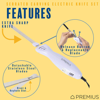 2 of 9:PREMIUS Serrated Carving Electric Knife Set With Wooden Storage Tray, with 2 Stainless Steel Blades 
