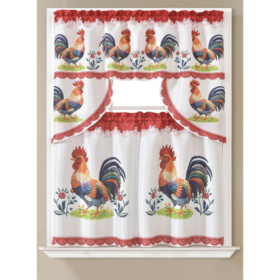 1 of 1:Rideau de cuisine 3D Robin Rooster, bordeaux, cantonnière 60 x 36 pouces, niveaux 30 x 36 pouces 