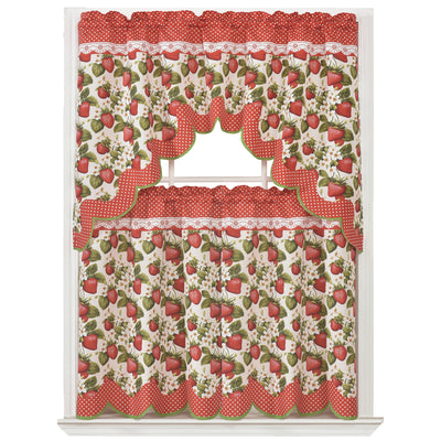 1 of 1:Marin Strawberry Printed Kitchen Curtain Set, Red and Cream, Waterfall Swag Valance 60x36, Tier 30x36 Inches 