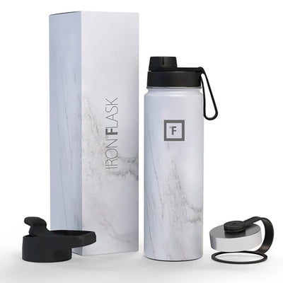 1 of 2:IRON FLASK Leak-Proof Sports Thermos Water Bottle with 3 Lids, Carrara Marble, 22 Ounces 