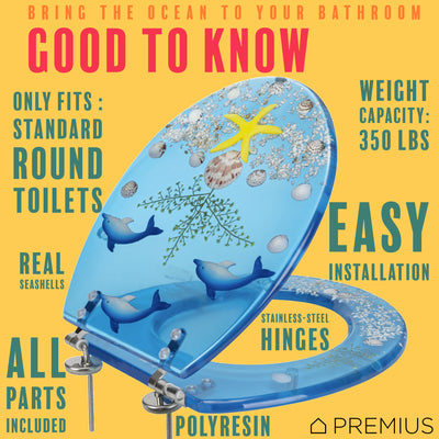 7 of 7:PREMIUS Polyresin Ocean Life Dolphins Toilet Seat, Clear-Blue, Standard Round, 17 Inches 