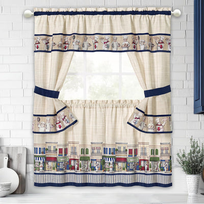 1 of 3:Achim Bon Appetit Printed Cottage Kitchen Curtain Set, Navy, 57x36 Inches 