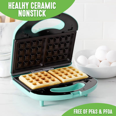 2 of 5:GreenLife Double Electric Ceramic NonStick Waffle Maker, Turquoise 