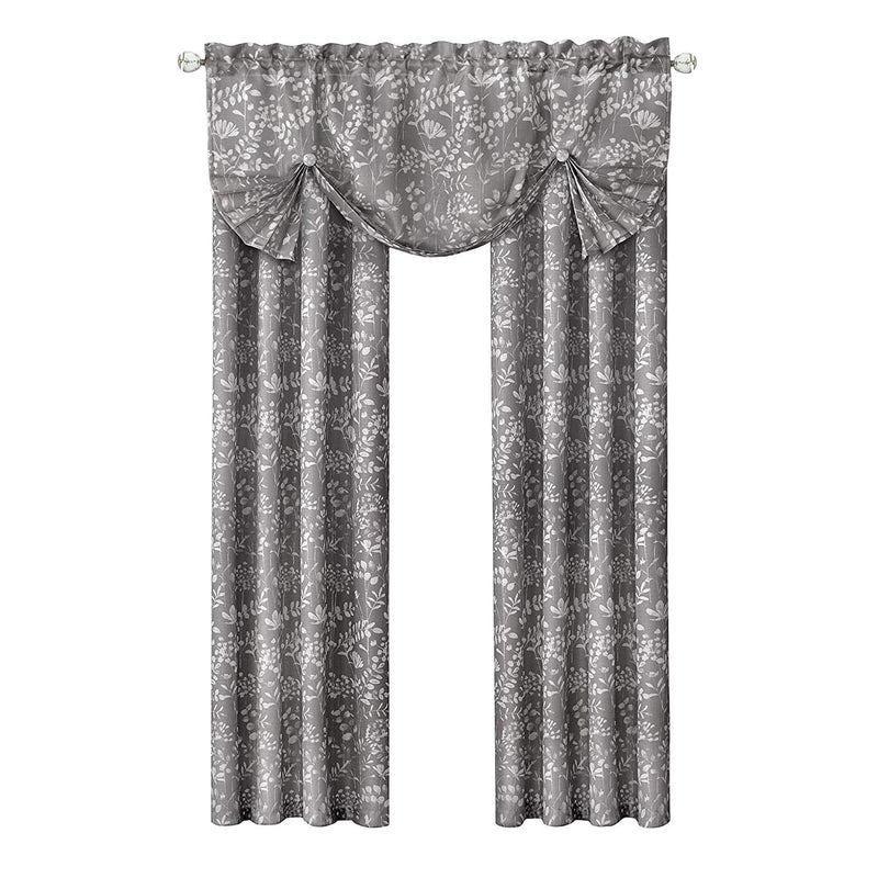 Charlotte Floral Design Rod Pocket Window Panel And Valance Treatments, Grey