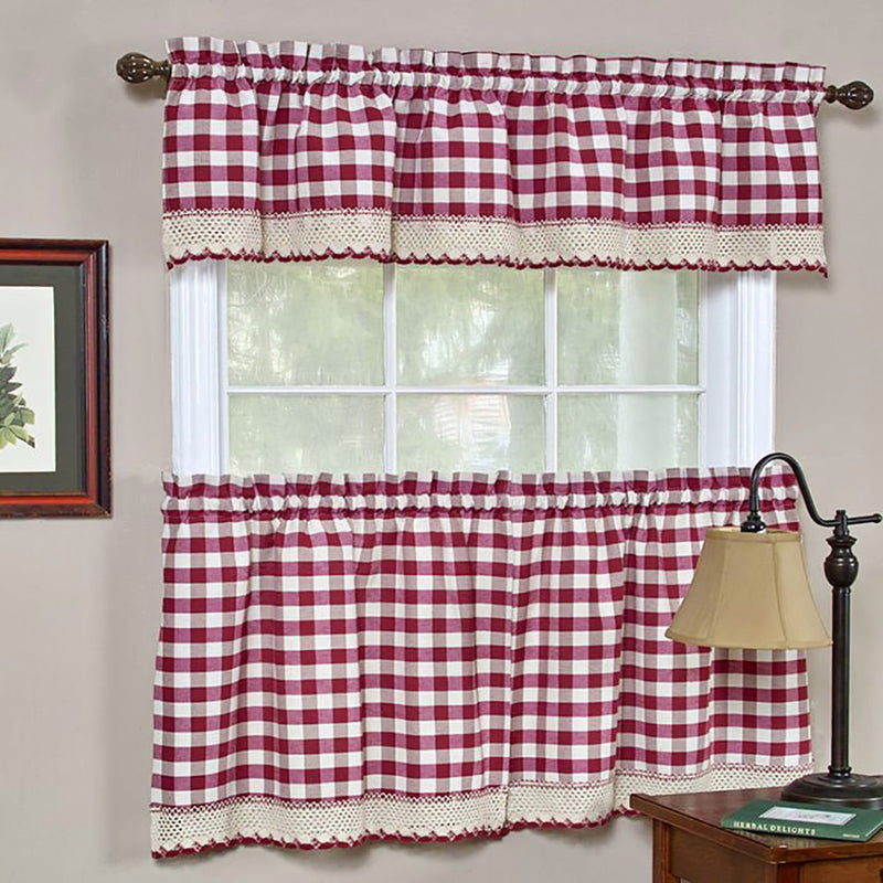 Buffalo Check Gingham Kitchen Curtain Separates, Burgundy, 58x14 & 58x36 Inches