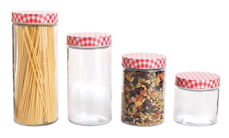 Anchor Hocking 4-Piece Glass Cylinder Jar Set with Gingham Lids, Clear-Red