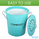 Spigo Steel Kitchen Compost Bin With Vented Charcoal Filter and Bucket, Turquoise, 1 Gallon