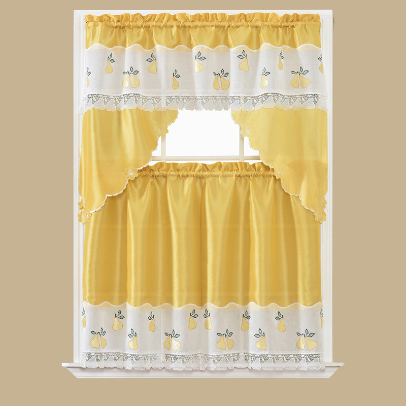 Pear 3-Piece Embroidered Kitchen Curtain Tier and Swag Set, Yellow-White, 60x36 Inches