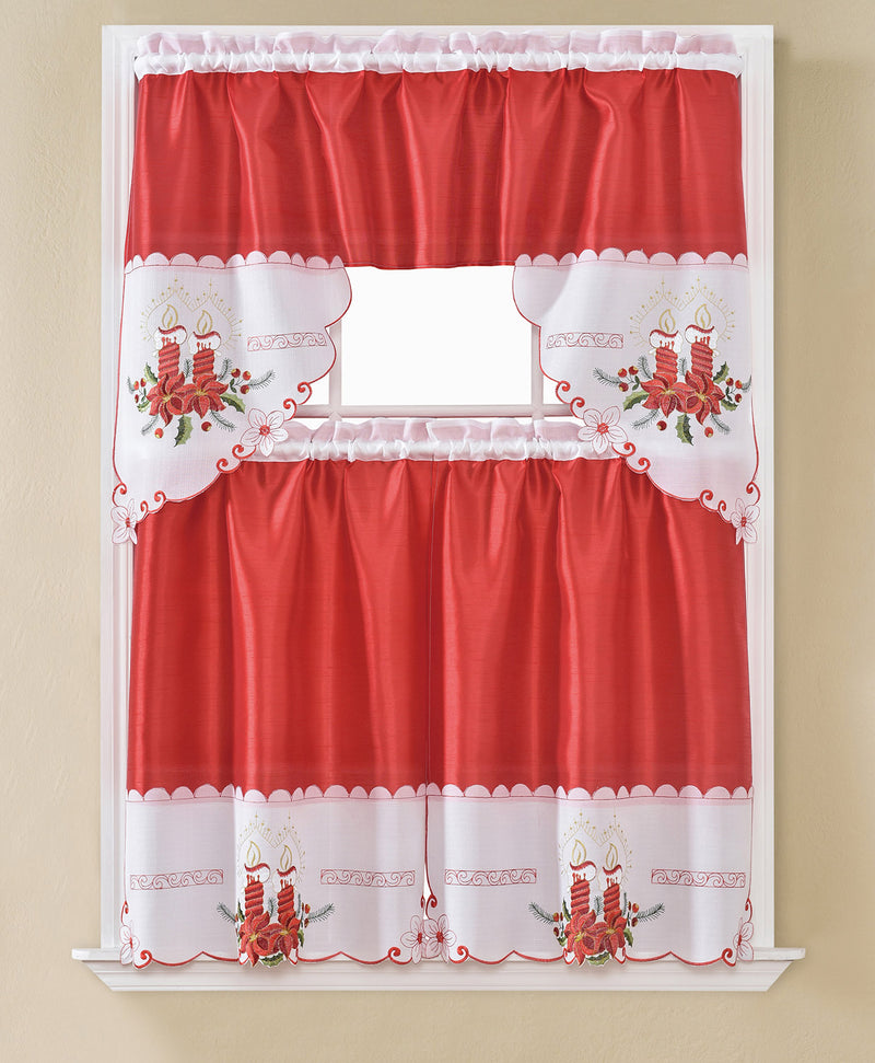 Christmas Candle Embroidered Kitchen Curtain and Valance Set, Red, Tiers 30x36, Swag 60x36 Inches