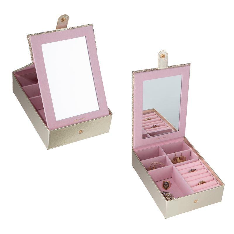 Ruby+Cash Multi Compartment Jewelry Organizer Box with Vanity Mirror, Gold