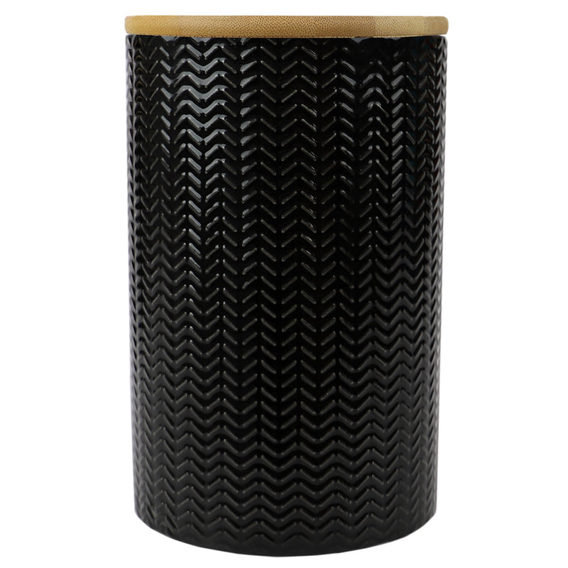 Home Basics Wave Ceramic Canister With Bamboo Lid, Black, Large, 5x7.75 Inches