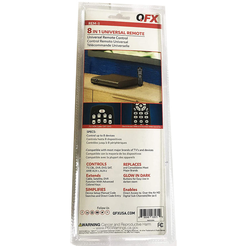 QFX 8-In-1 Universal Remote With Glow-in-the-Dark Buttons