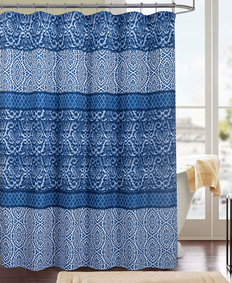 Clermont 13-Piece Printed Shower Curtain Set With Hooks, Blue, 70x72 Inches