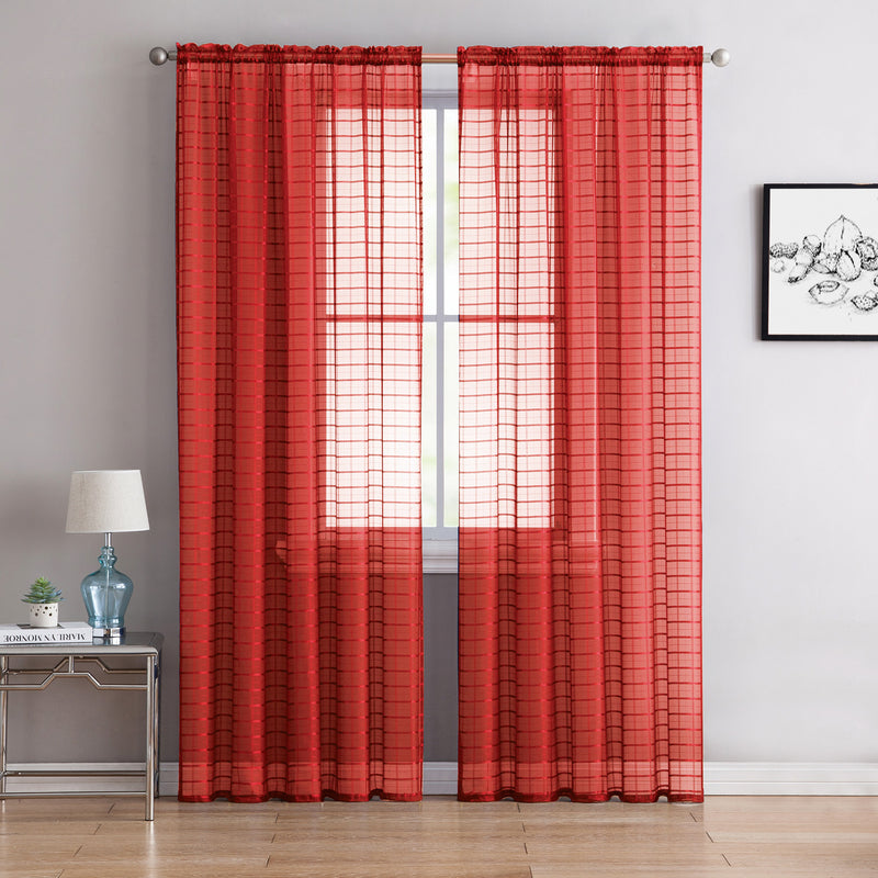 Lisa Plaid Sheer Rod Pocket Panel, Red, 55x90 Inches