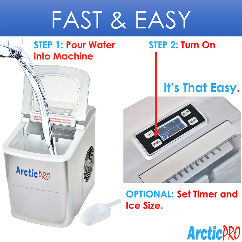 Arctic-Pro Portable Digital Quick Ice Maker Machine, Silver, Makes 2 Ice Sizes