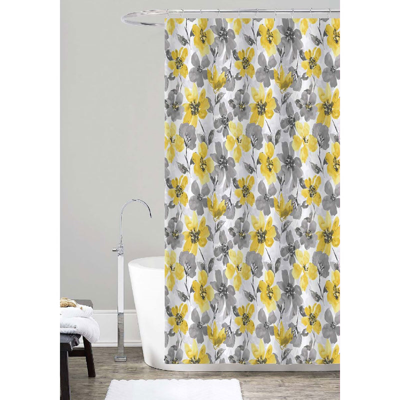 Jamie Floral Printed Canvas Shower Curtain, Yellow-Grey, 70x72 Inches