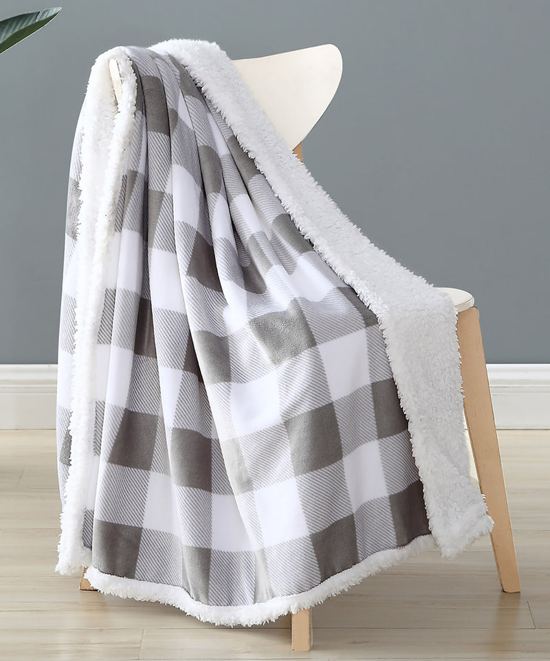 Buffalo Check Flannel-Sherpa Throw Blanket, Grey, 50x60 Inches