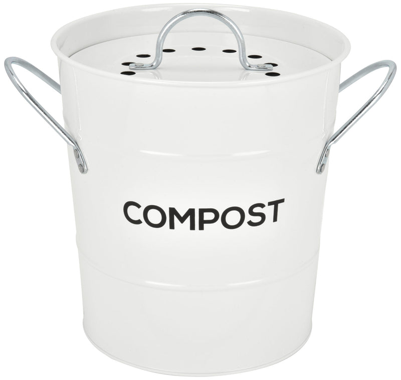 Spigo Steel Kitchen Compost Bin With Vented Charcoal Filter and Bucket, White, 1 Gallon